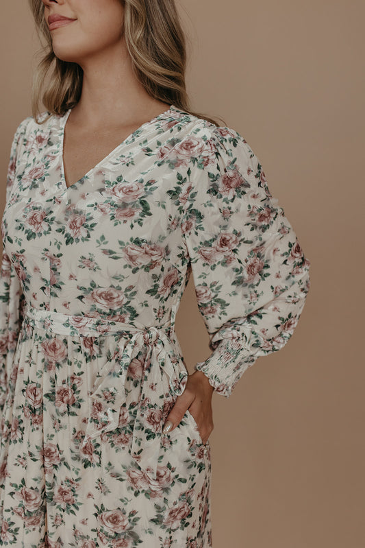 THE MARYANN FLORAL VELVET DRESS IN CREAM