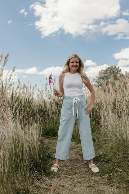 THE TATUM STRIPED CROPPED WIDE LEG PANTS IN LIGHT BLUE