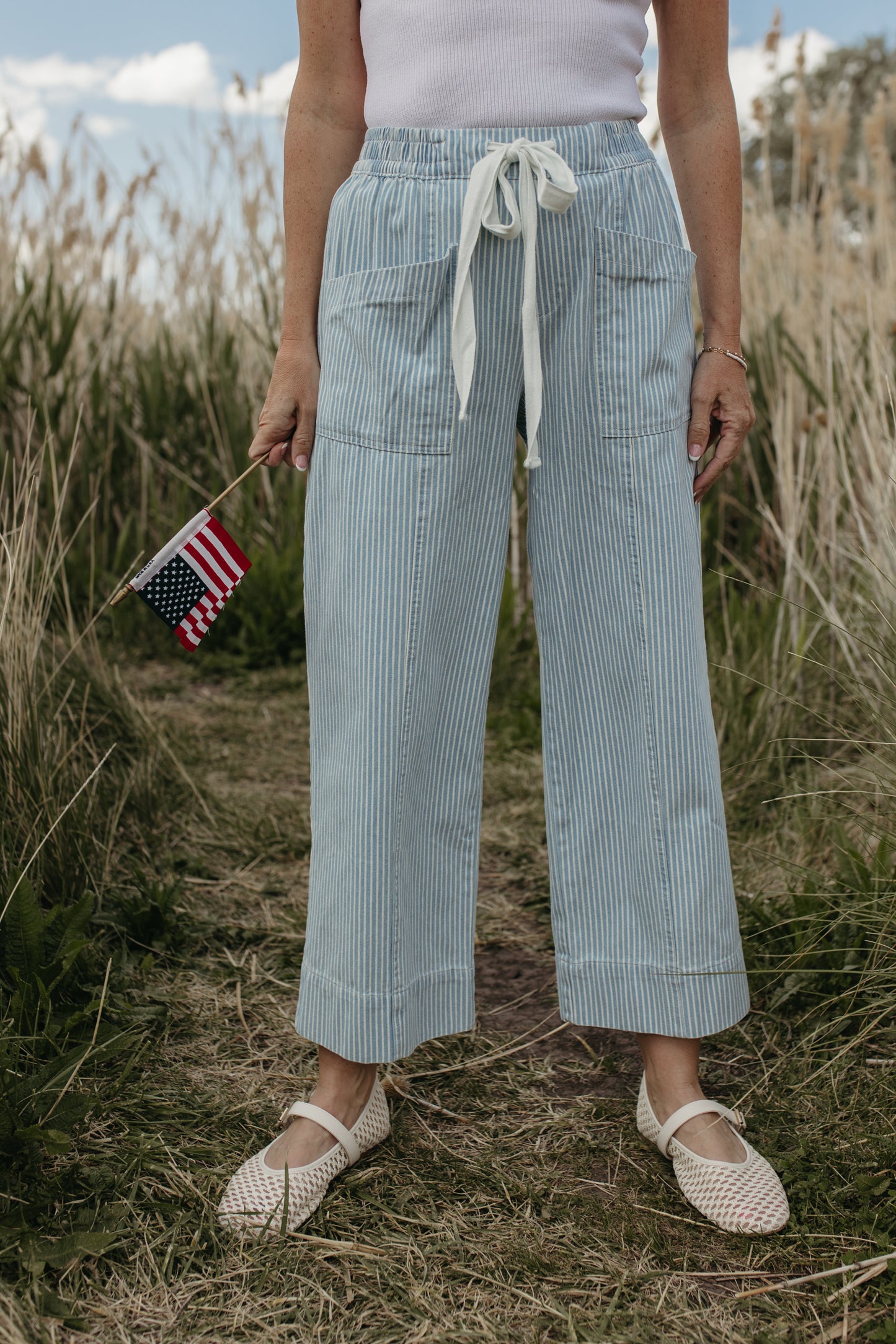 THE TATUM STRIPED CROPPED WIDE LEG PANTS IN LIGHT BLUE