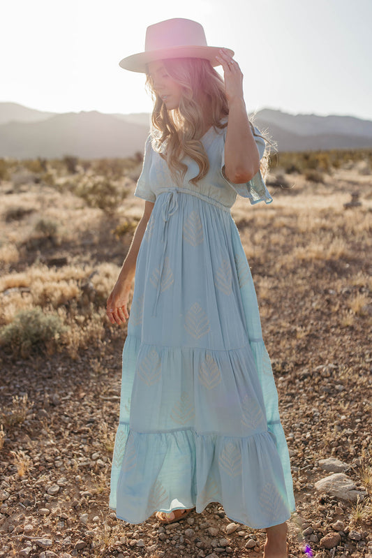 THE RAYLEIGH EMBROIDERED MAXI DRESS IN CHAMBRAY