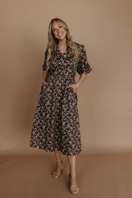 THE SHALLON FLORAL DRESS IN BROWN
