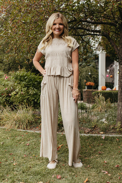 THE AZALEA RELAXED SMOCKED KNIT SET IN BEIGE