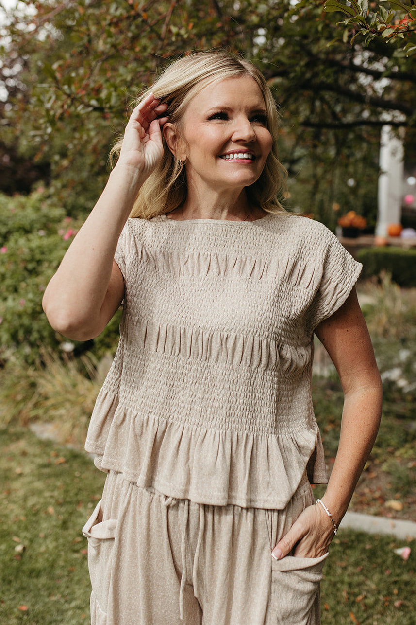 THE AZALEA RELAXED SMOCKED KNIT SET IN BEIGE