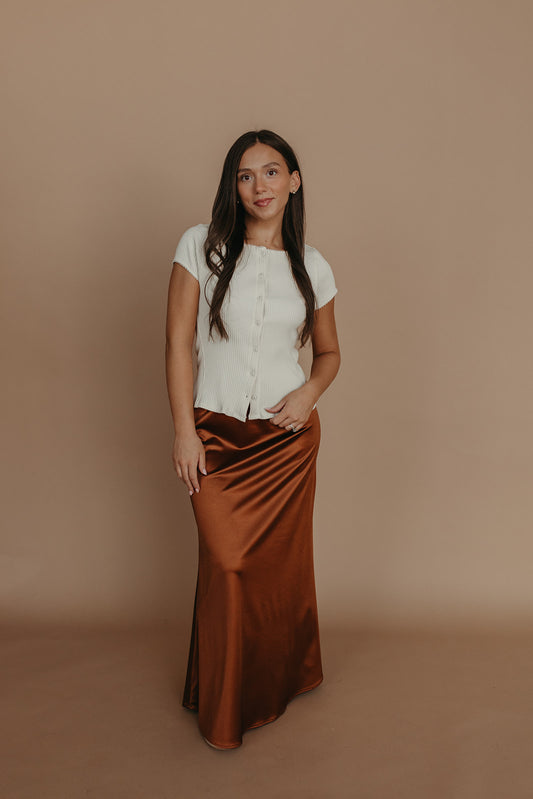 THE AIKO SATIN SKIRT IN CHOCOLATE