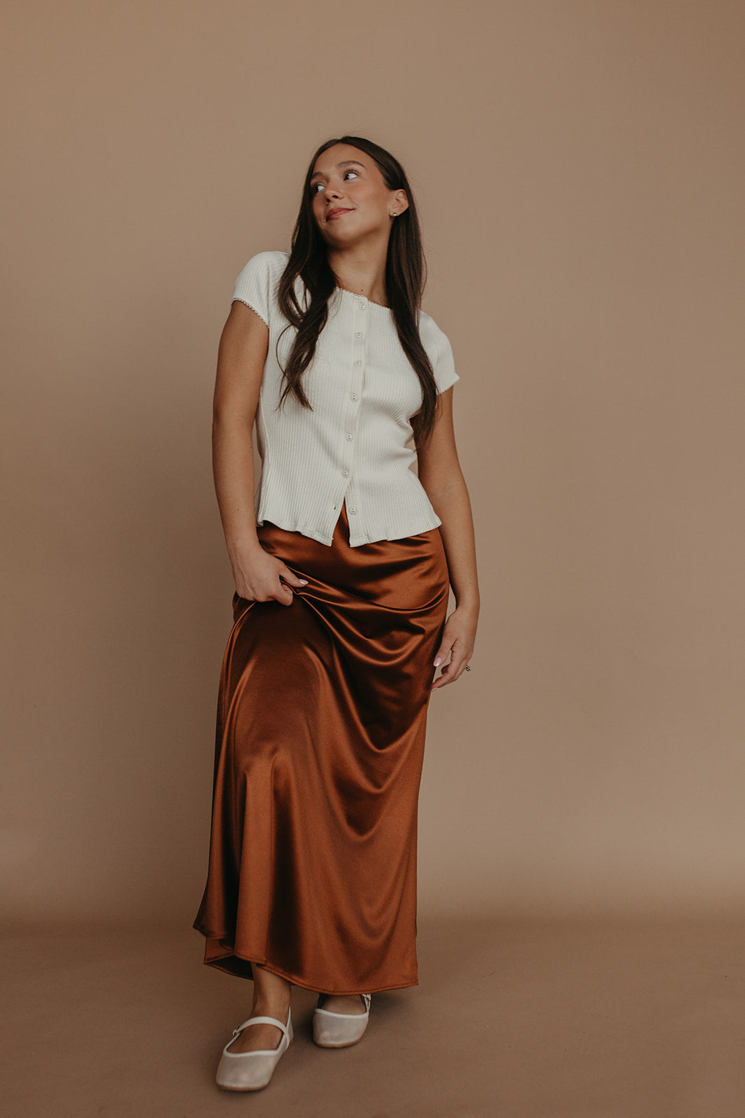 THE AIKO SATIN SKIRT IN CHOCOLATE