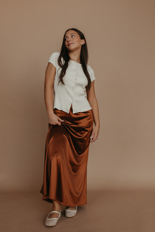 THE AIKO SATIN SKIRT IN CHOCOLATE
