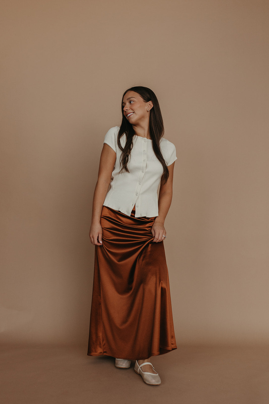 THE AIKO SATIN SKIRT IN CHOCOLATE