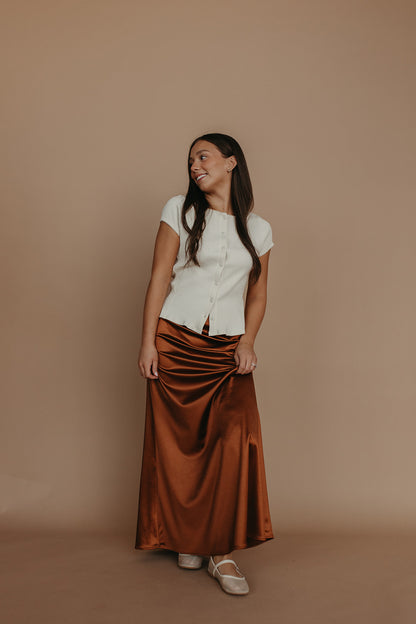 THE AIKO SATIN SKIRT IN CHOCOLATE