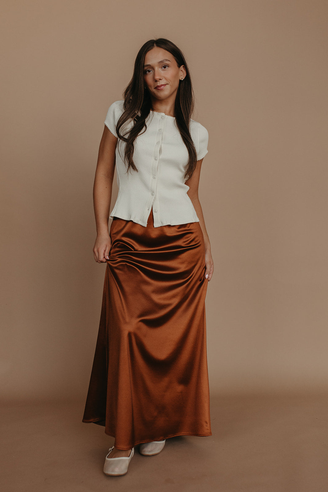 THE AIKO SATIN SKIRT IN CHOCOLATE