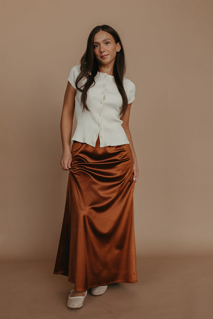 THE AIKO SATIN SKIRT IN CHOCOLATE