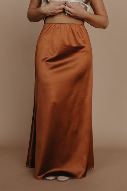 THE AIKO SATIN SKIRT IN CHOCOLATE
