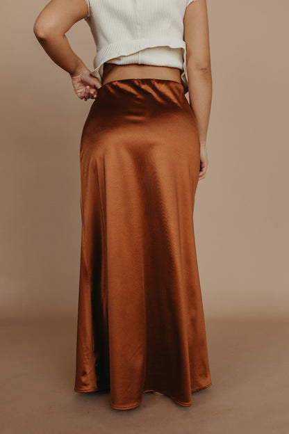 THE AIKO SATIN SKIRT IN CHOCOLATE