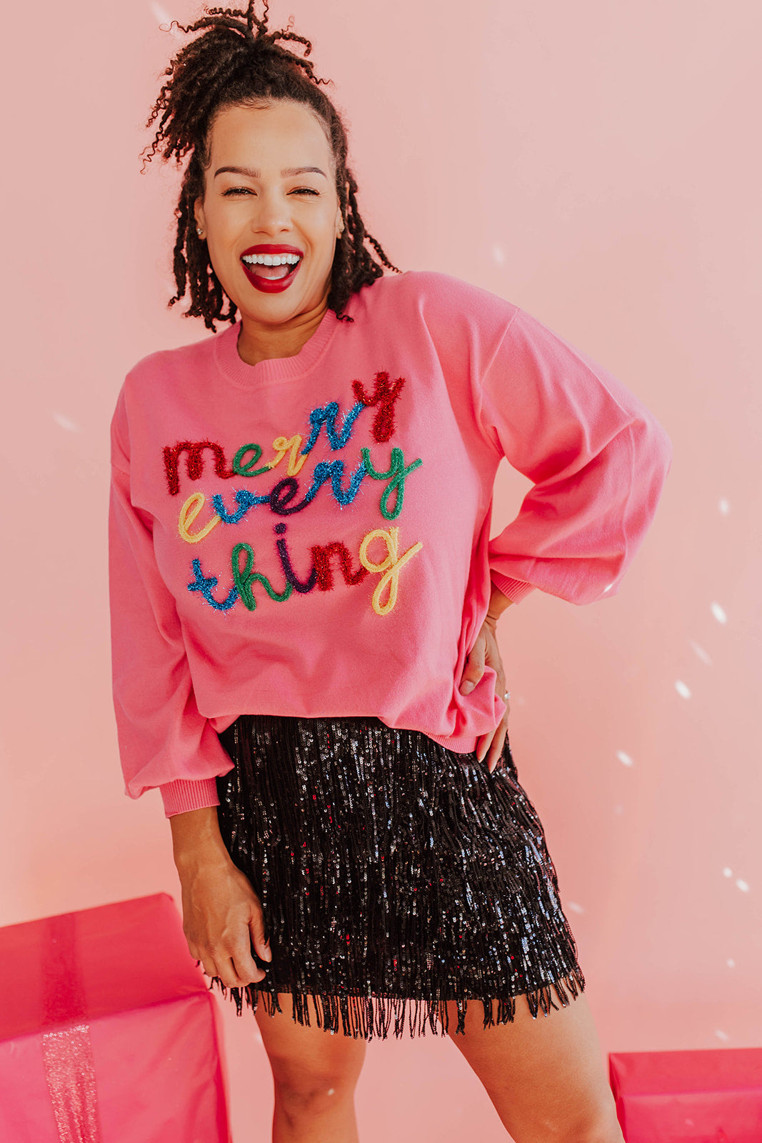 THE MERRY EVERYTHING TINSEL SWEATER IN PINK