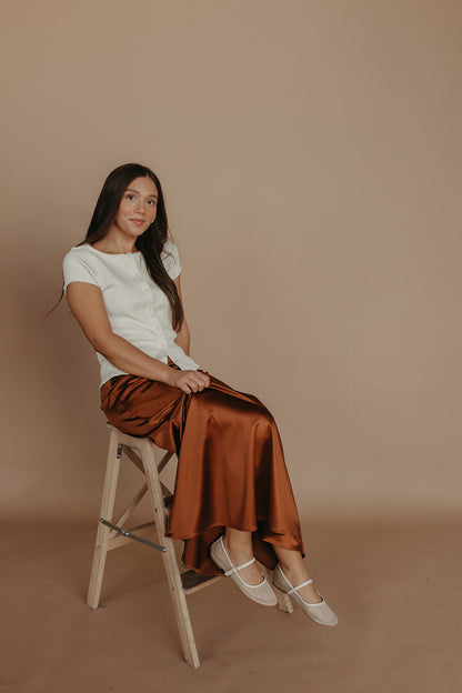 THE AIKO SATIN SKIRT IN CHOCOLATE