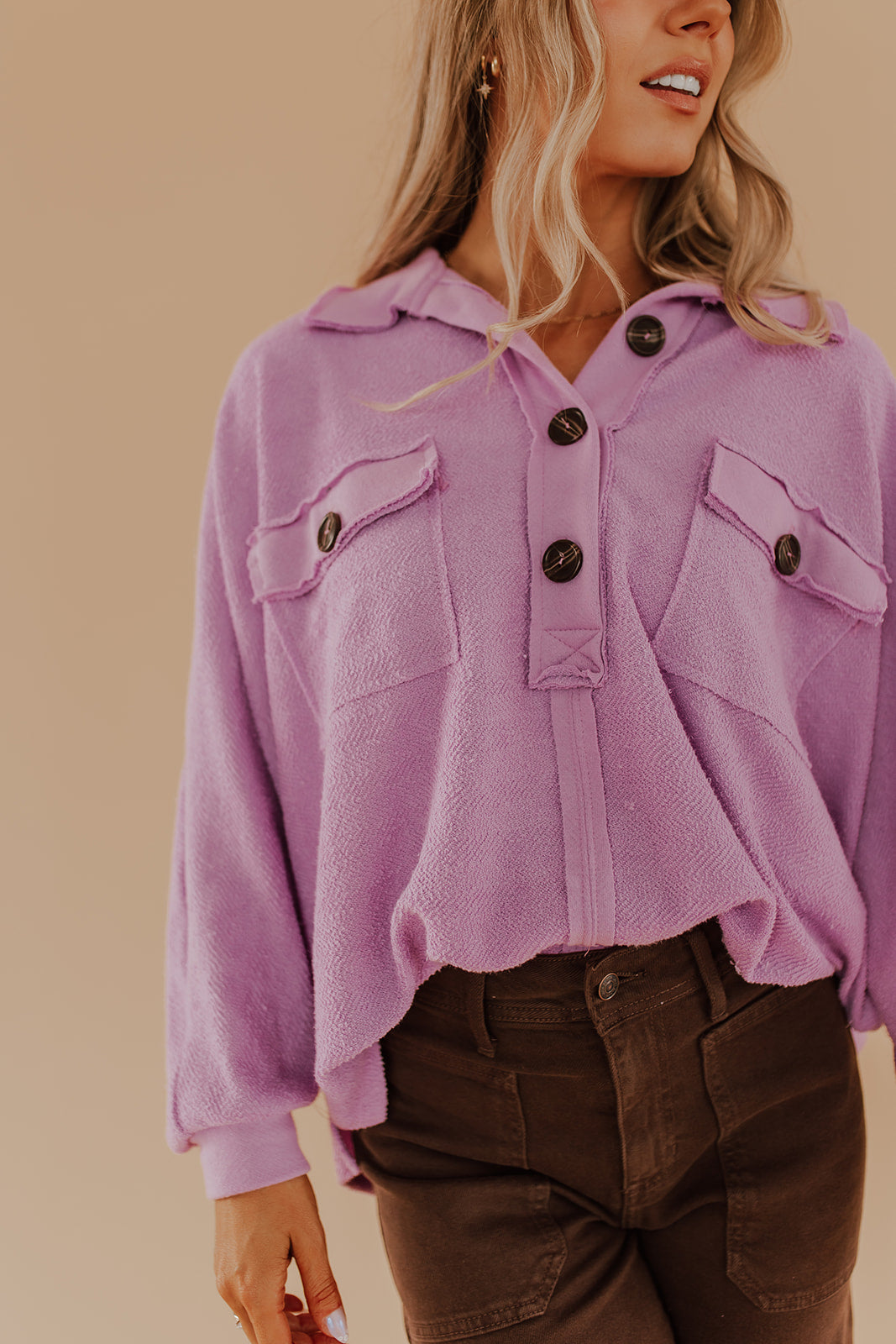 Button front oversized pullover | PINK DESERT