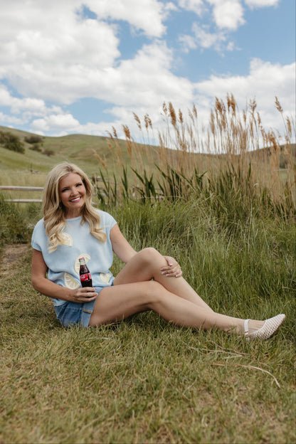 THE SAVITRI ROUND NECK LEMON TOP IN LIGHT BLUE