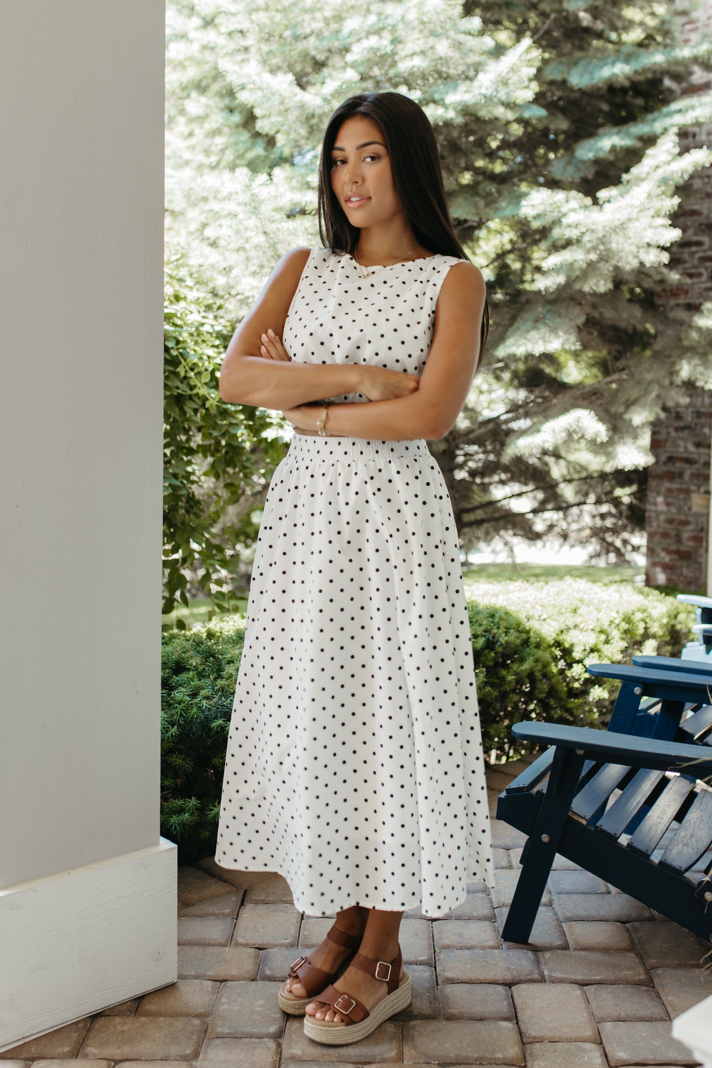 THE QUINCY POLKA DOT FLARE SLEEVELESS SET IN IVORY