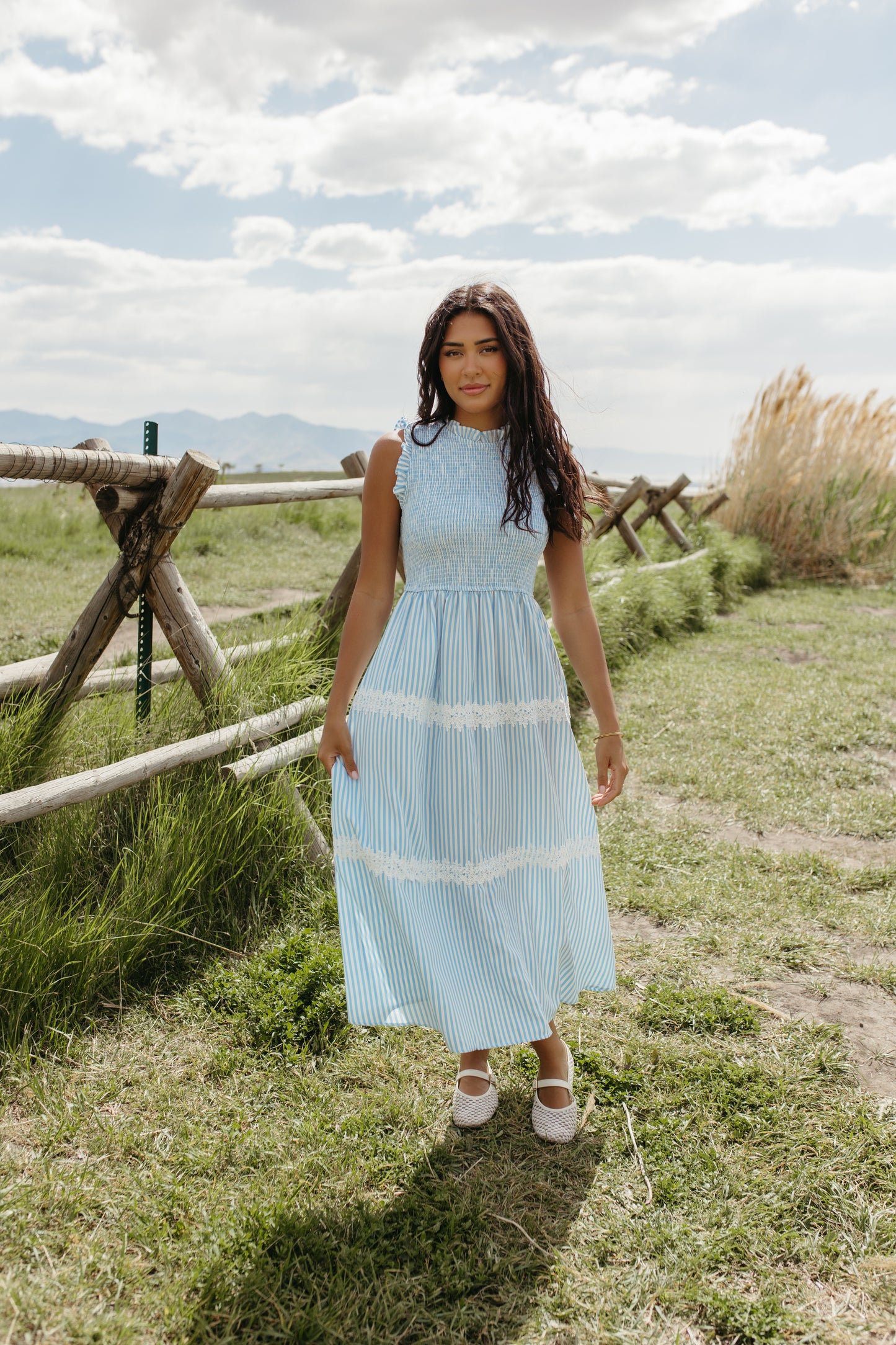 THE HARLOW STRIPED SMOCKED DRESS IN BLUE