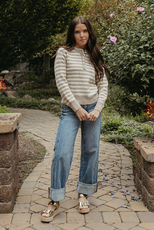 The Mckenna Striped Henley Knit Sweater in Taupe, photo 2 of 4