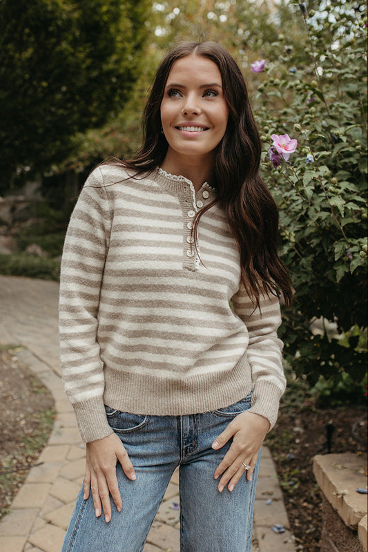 The Mckenna Striped Henley Knit Sweater in Taupe, photo 1 of 4
