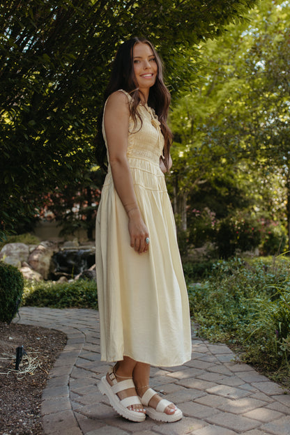 THE ROBIN FRONT TIE SMOCKED DRESS IN YELLOW