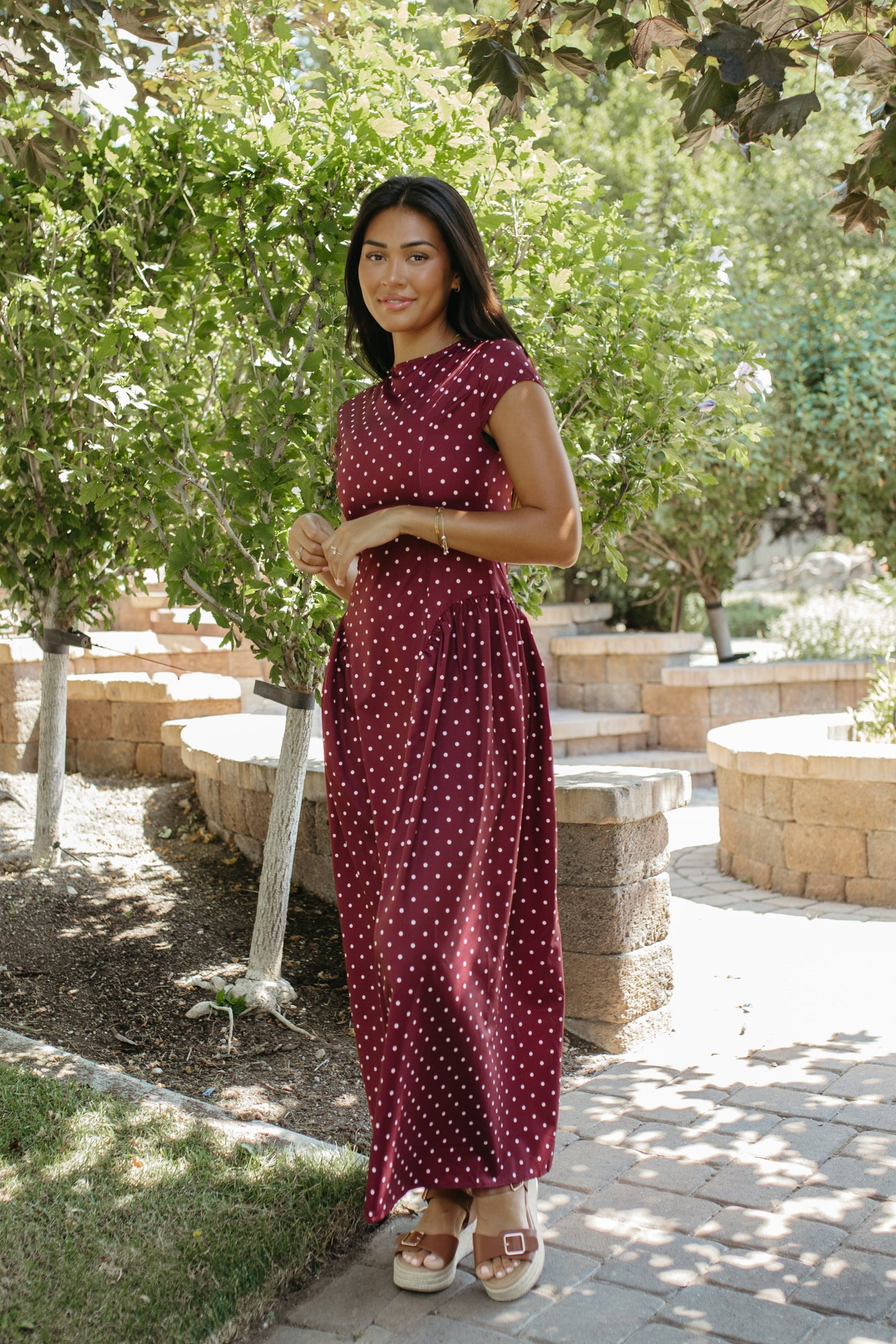 THE DREW POLKA DOT MAXI DRESS IN BURGUNDY