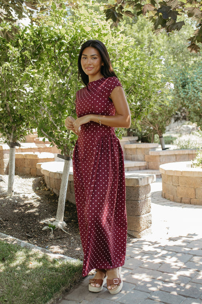 THE DREW POLKA DOT MAXI DRESS IN BURGUNDY