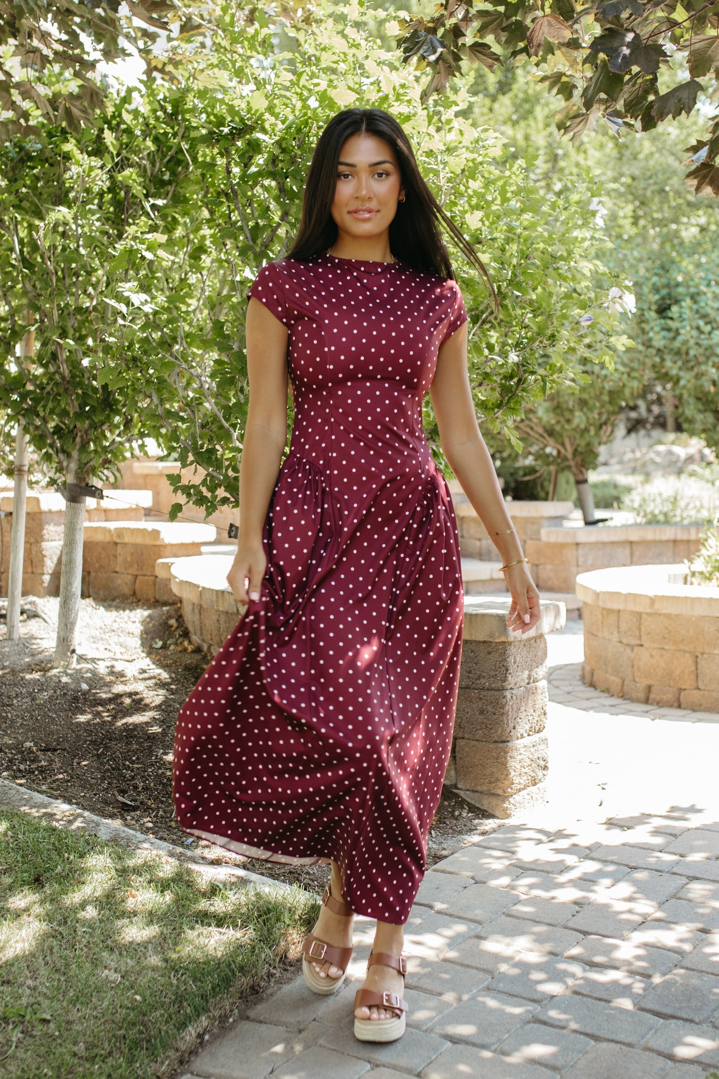 THE DREW POLKA DOT MAXI DRESS IN BURGUNDY