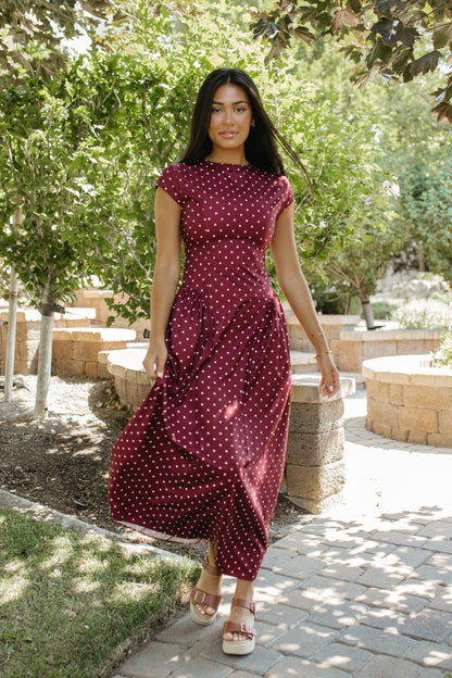 THE DREW POLKA DOT MAXI DRESS IN BURGUNDY