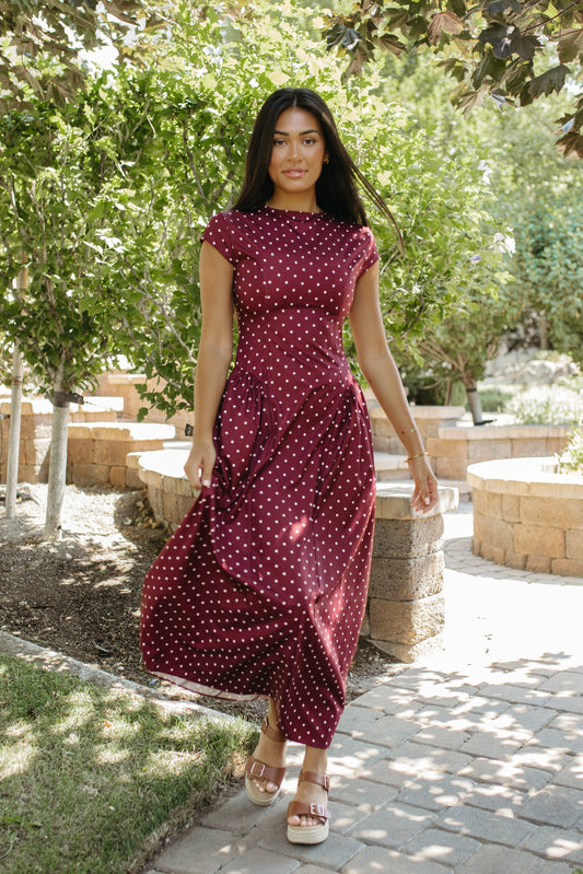 THE DREW POLKA DOT MAXI DRESS IN BURGUNDY