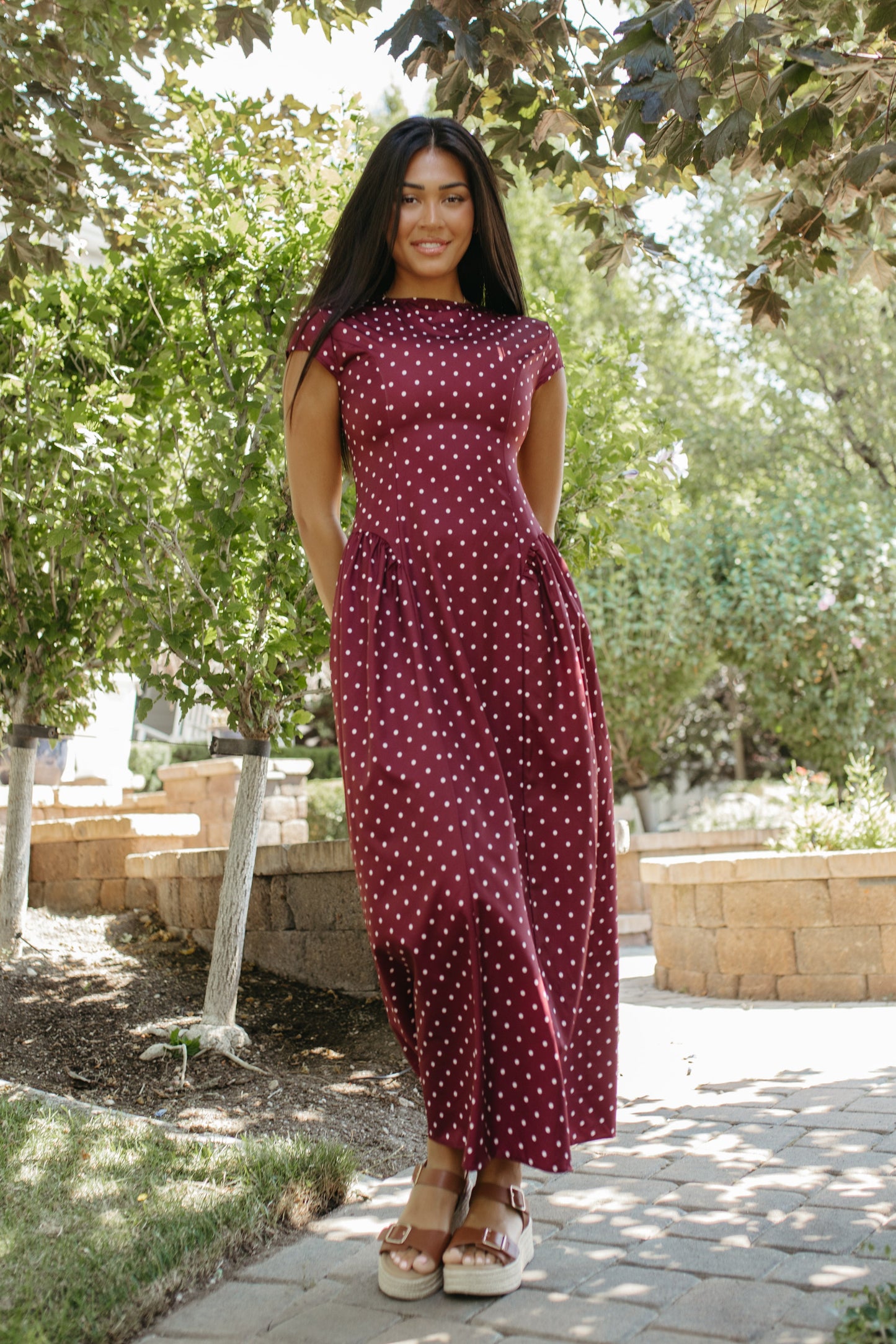 THE DREW POLKA DOT MAXI DRESS IN BURGUNDY