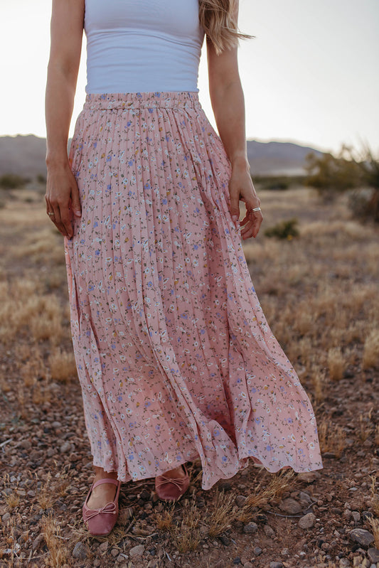 THE EVA PLEATED MAXI SKIRT IN BABY PINK FLORAL
