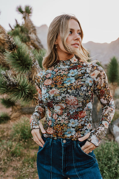 THE BETH FLORAL MESH TOP IN BLACK