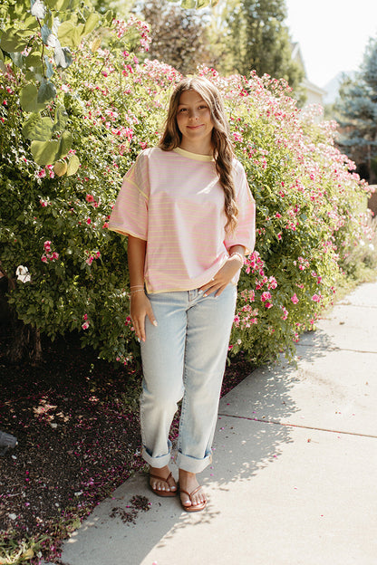 THE ZORA RELAXED STRIPED TEE IN PINK/YELLOW