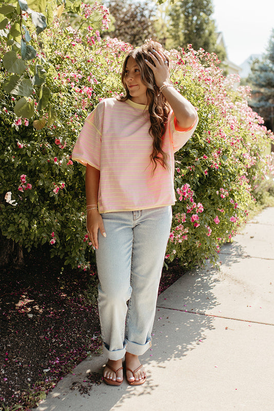 THE ZORA RELAXED STRIPED TEE IN PINK/YELLOW