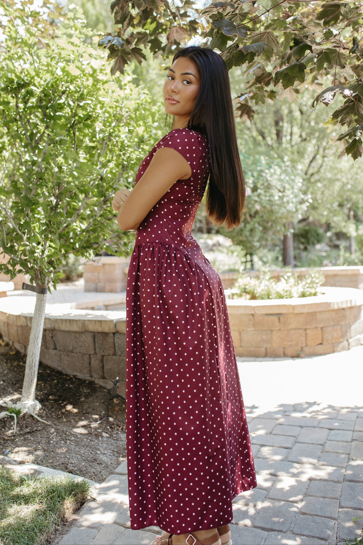THE DREW POLKA DOT MAXI DRESS IN BURGUNDY