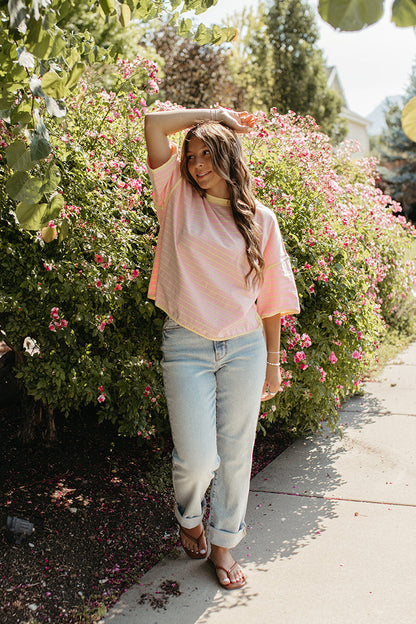 THE ZORA RELAXED STRIPED TEE IN PINK/YELLOW