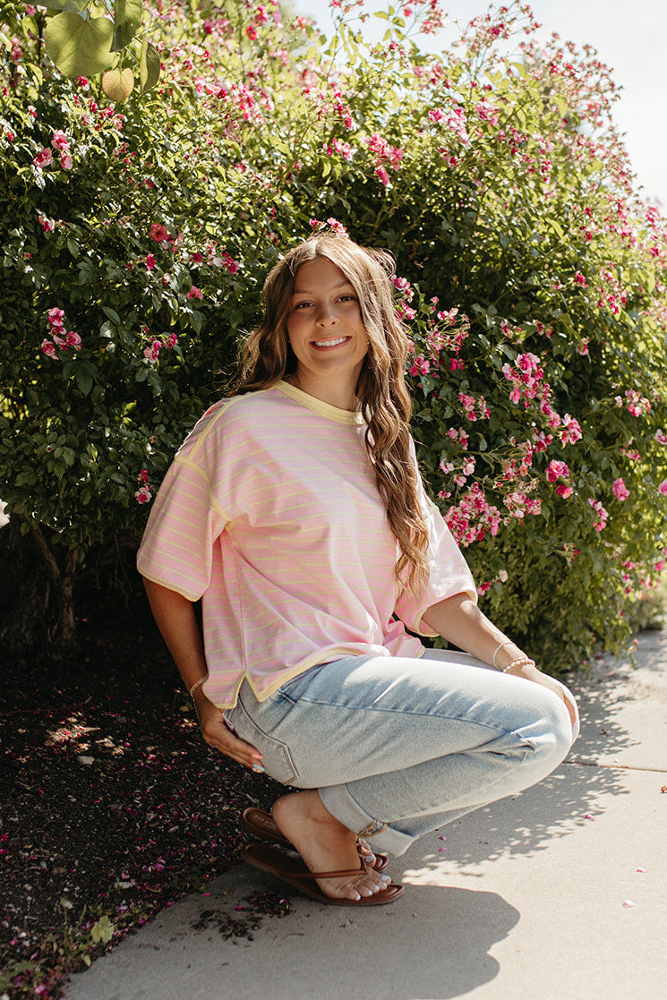 THE ZORA RELAXED STRIPED TEE IN PINK/YELLOW