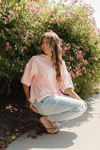 THE ZORA RELAXED STRIPED TEE IN PINK/YELLOW