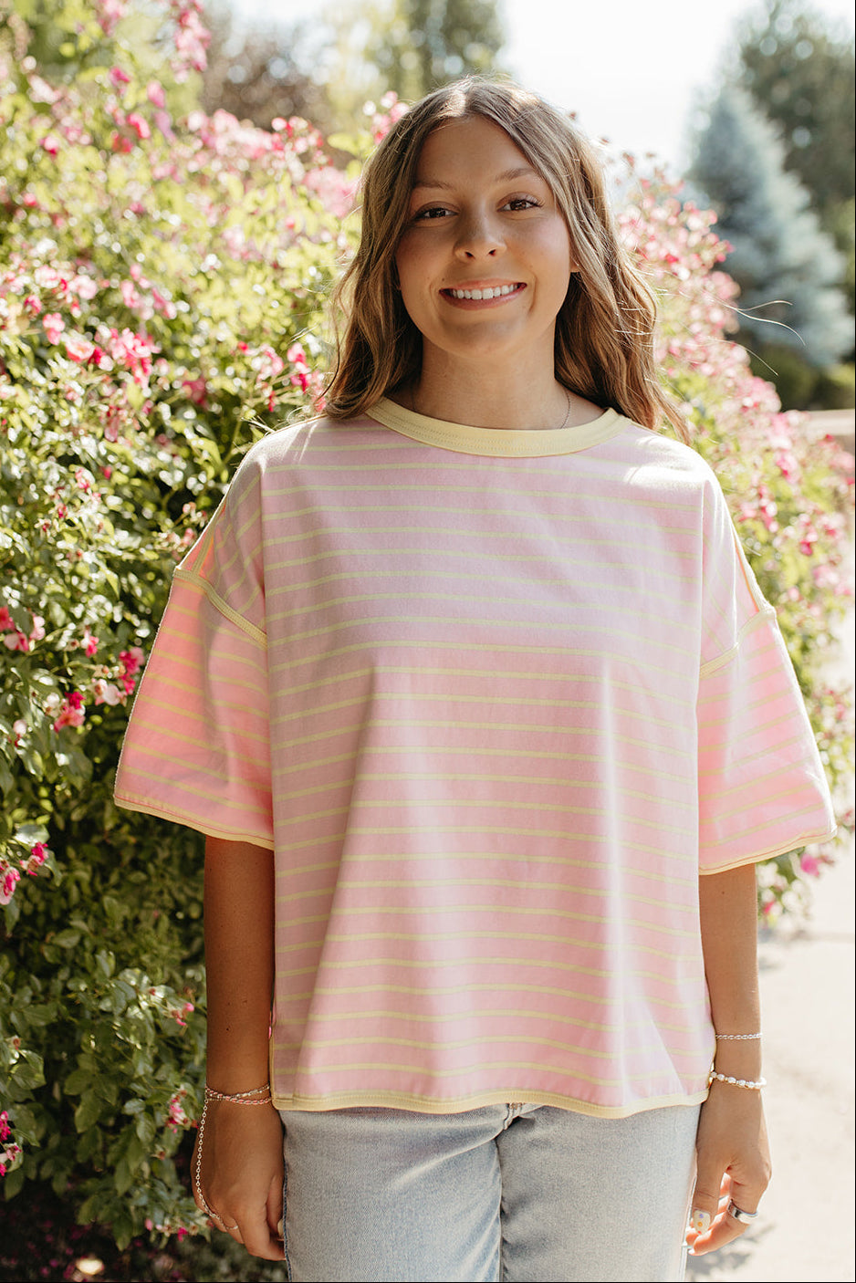 THE ZORA RELAXED STRIPED TEE IN PINK/YELLOW