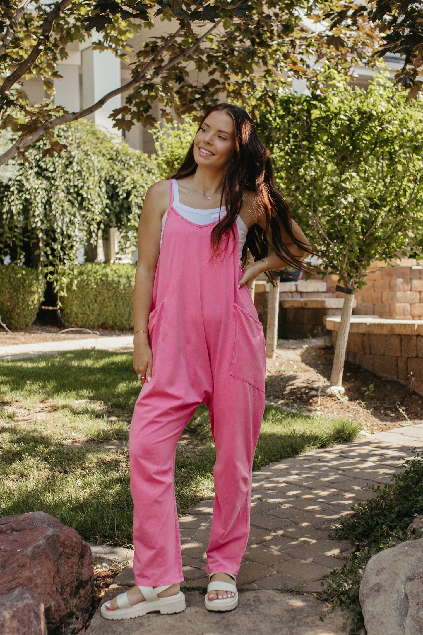 THE KATHRYN MINERAL WASH JUMPSUIT IN FUCHSIA