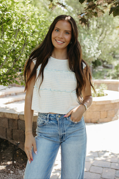 THE DENVER STRIPED TIERED SLEEVELESS TOP IN BLUE