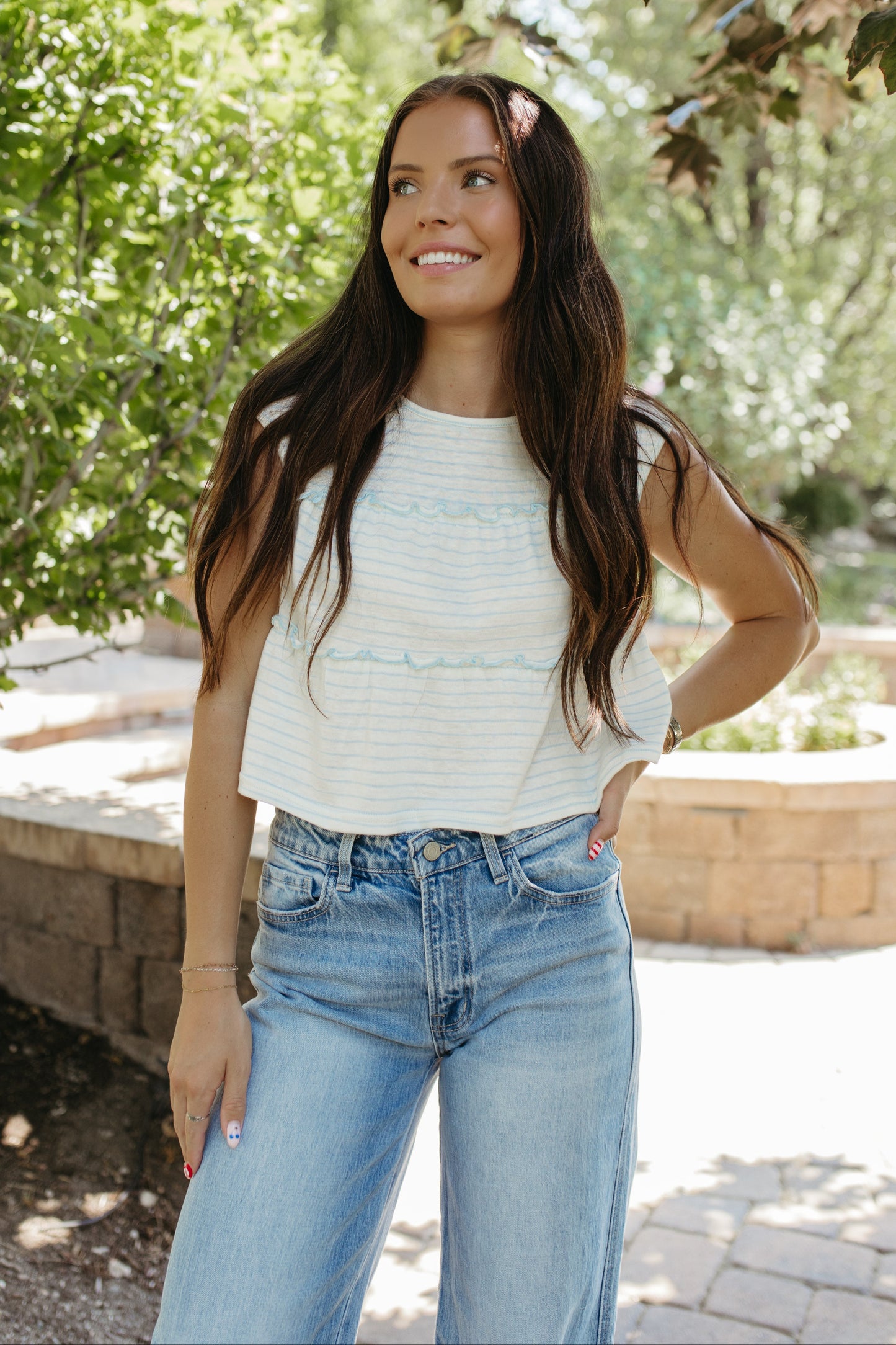 THE DENVER STRIPED TIERED SLEEVELESS TOP IN BLUE