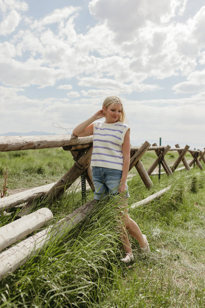 THE RUBY STRIPE TOP IN IVORY/PURPLE