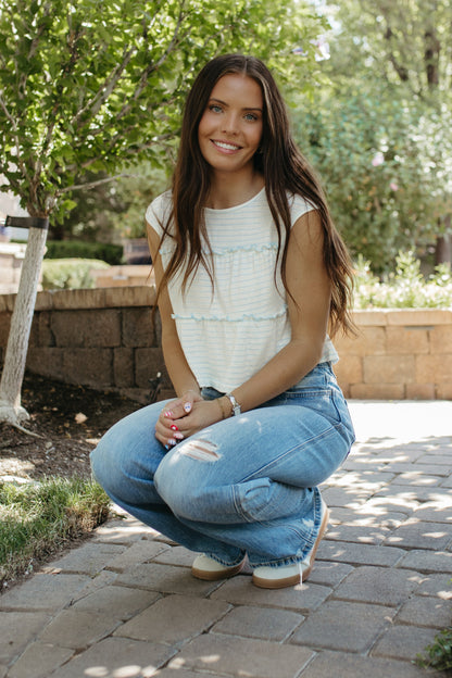 THE DENVER STRIPED TIERED SLEEVELESS TOP IN BLUE