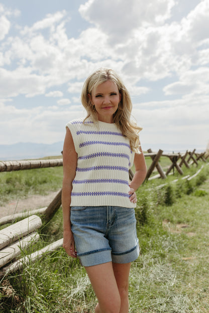 THE RUBY STRIPE TOP IN IVORY/PURPLE