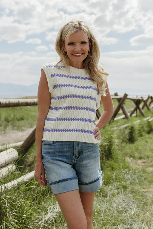 THE RUBY STRIPE TOP IN IVORY/PURPLE