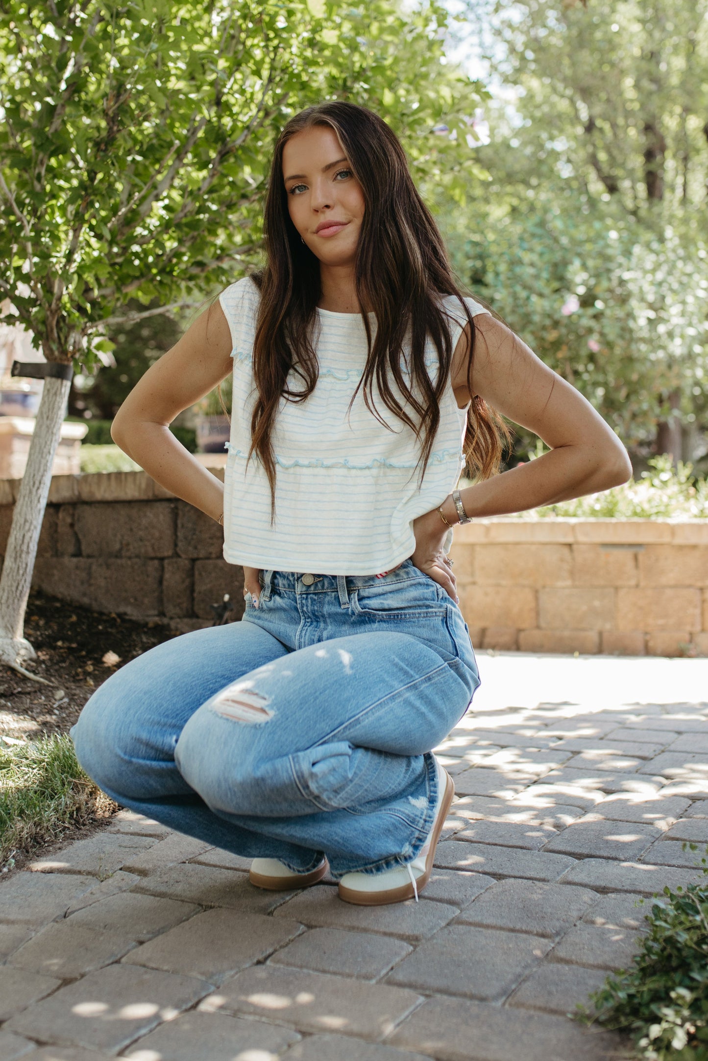 THE DENVER STRIPED TIERED SLEEVELESS TOP IN BLUE