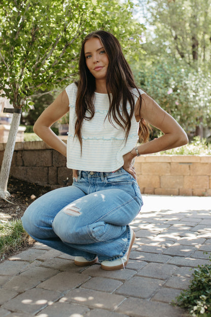 THE DENVER STRIPED TIERED SLEEVELESS TOP IN BLUE