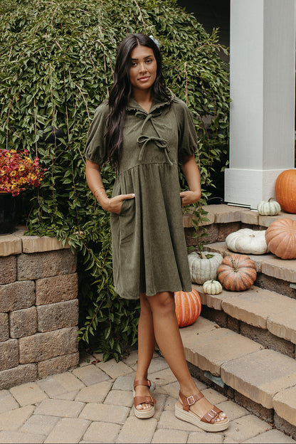 THE OPHELIA V-NECK DRESS IN OLIVE